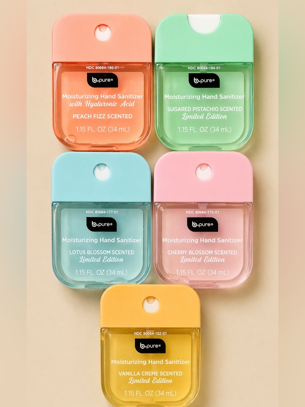 B.Pure Pocket Hand Sanitizer Set (5) – Peach, Pistachio, Lotus, Cherry, Vanilla